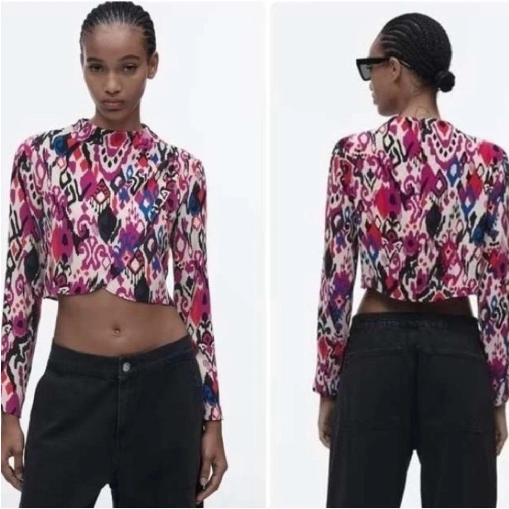 ZARA Boho Print Mock Neck Long-Sleeve Crop Top Size Medium Pink Purple Blue New